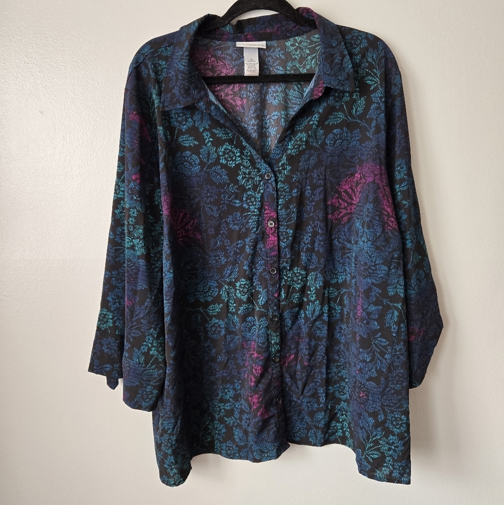 Catherines Floral Button Down Shirt Blouse Blue Purple Teal Size 2X